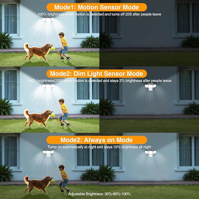 3000LM Solar Lights Outdoor, 4 Heads Solar Security Lights with Remote Control, 180 LEDs IP65 Waterproof Motion Sensor Lights 3 Modes Flood Lights for Wall, Porch, Yard, Outside, 3 Pack
