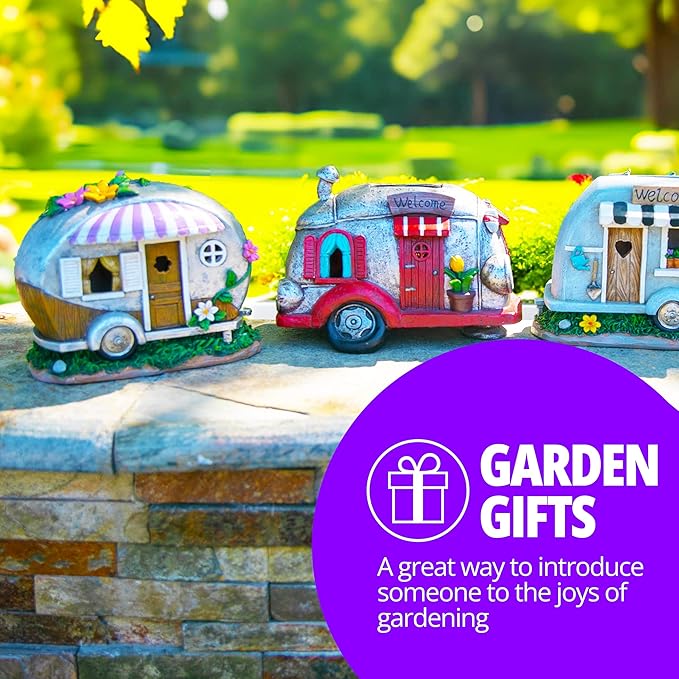 Exhart Garden Sculpture, Solar Camping Trailer with Lavender Awning Garden Statue, LED Lights, Outdoor Garden Decoration, 5 x 9 x 6 Inch