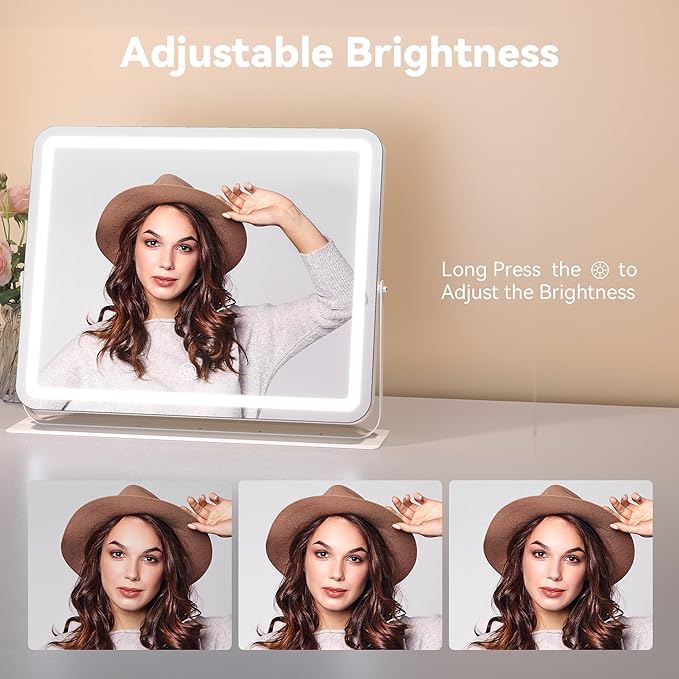 MINISO Vanity Mirror with Lights, 20" x 16" LED Makeup Mirror, Light & Brightness Adjustment, Smart Sensor, 360°Rotation, Aluminum Alloy Metal White Frame, with 10X Magnifying Glass
