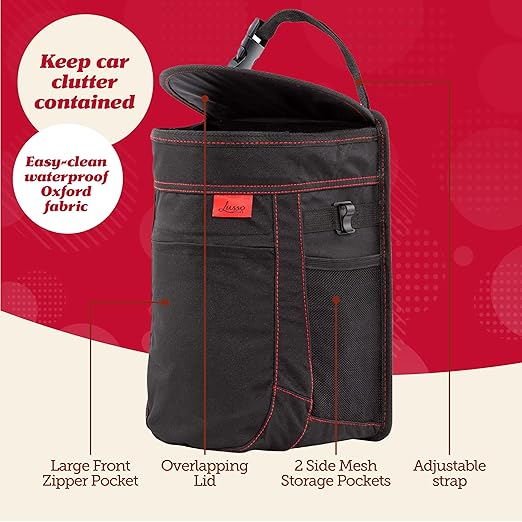 Lusso Gear Spill-Proof Car Trash Can - 2.5 gal Black Oxford - Leakproof & Waterproof Hanging Car Trash Bin - Organization Accessories with Removable Liner & Mesh Pockets - Boat Garbage Can