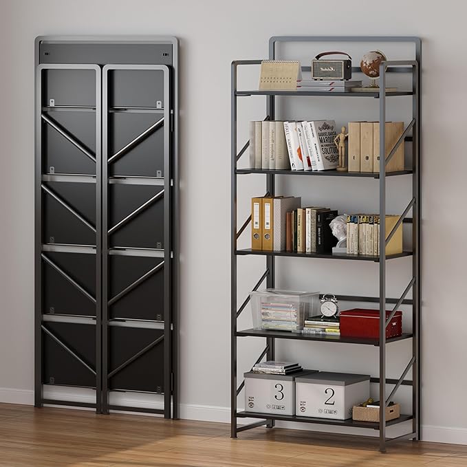 JSB No Assembly Folding Bookshelf, 5 Tier Industrial Metal Book Shelf for Storage, Vintage Wood Foldable Bookcase for Living Room, Bedroom, Office Organization Shelves