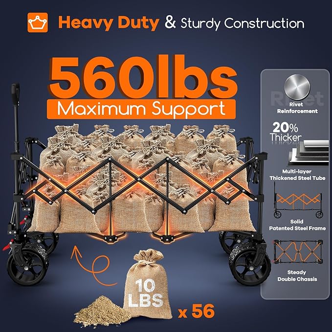 48" L Collapsible Wagon Cart Foldable, 560LB Weight Capacity 300L Heavy Duty Folding Beach Wagons with Big All-Terrain Wheels, Utility Carts for Groceries, Shopping, Camping, Sports - Grey&Blue