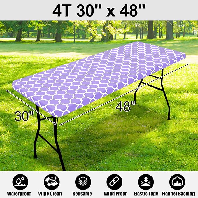 Smiry Rectangle Picnic Table Cover, Waterproof Elastic Fitted Camping Tablecloths for 4 Foot Tables, Wipeable Flannel Backed Vinyl Tablecloth Protector for Indoor, Outdoor (Lavender, 30x48 Inches)
