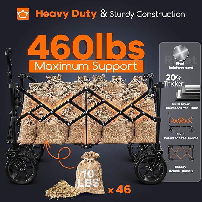 220L Collapsible Wagon Cart Foldable, 460LB Load Capacity Heavy Duty Folding Beach Wagons with Big All-Terrain Wheels, Utility Carts for Groceries, Shopping, Camping, Sports - Grey&Burgundy