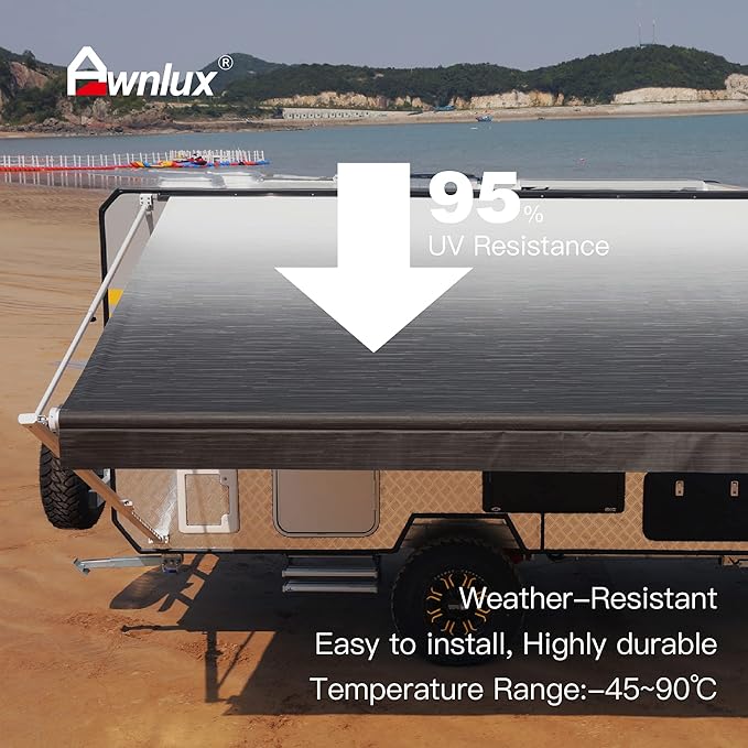 AWNLUX RV Awning Fabric Replacement Waterproof Vinyl Shade Screen for Awnings Camping Universal Fit Fabric Sun Shade UV Sun Blocker Canopy RV Awning Shade Shelter Charcoal Fade-15'(Fabric 14'2")