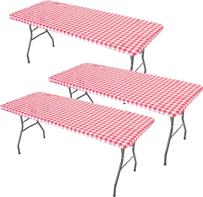 3 Pcs Plastic Picnic Table Cover Checkered Tablecloth Fitted Rectangular Table Cloth 30 x 72 Inch Vinyl Waterproof Flannel Backed with Elastic Rim for Indoor Outdoor Picnic Party