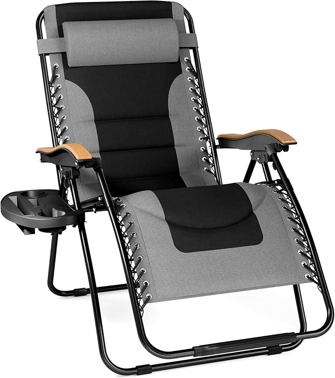 PHI VILLA XXL Oversized Padded Zero Gravity Chair, Foldable Patio Recliner, 30" Wide Seat Anti Gravity Lounger with Cup Holder, Support 400 LBS (Gray)