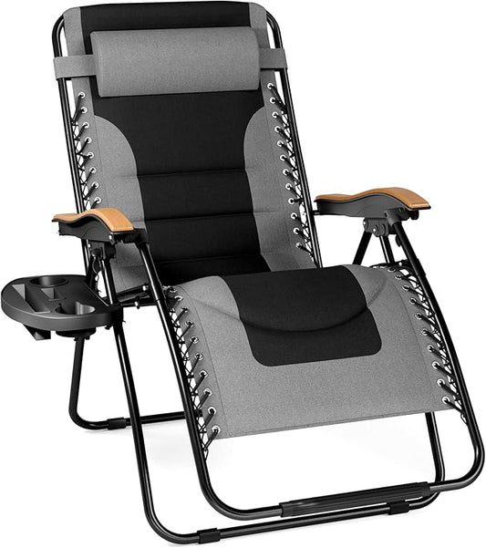 PHI VILLA XXL Oversized Padded Zero Gravity Chair, Foldable Patio Recliner, 30" Wide Seat Anti Gravity Lounger with Cup Holder, Support 400 LBS (Gray)