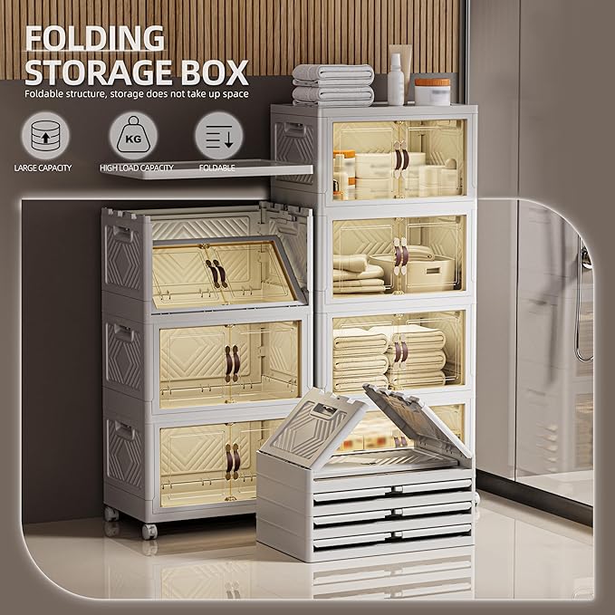 268 QT / 67 Gal White Storage Bins with 1 Lid - Collapsible Stackable Cabinet Organizer w/Wheels & Magnetic Doors, Plastic Storage Box for Office Closet Organization