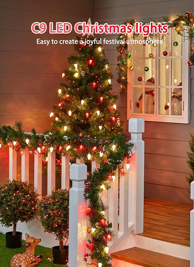 C9 LED Christmas Lights Outdoor, 81 Feet 100 LED String With Timer & 8 Light Mode, Waterproof Commercial Grade Christmas Tree for Outside Indoor Roofline Patio Decor, Red & White