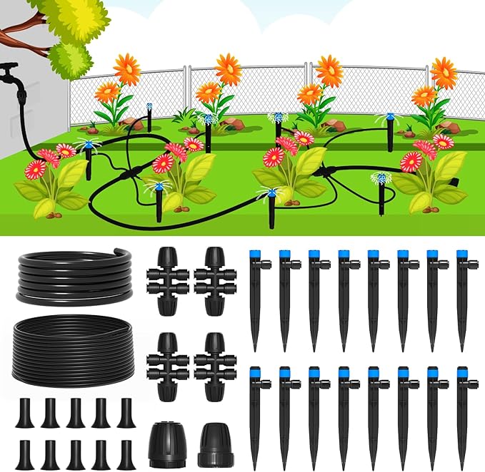 MIXC Drip Irrigation System,Quick Connector Garden Watering System Automatic Sprinkler System Kit for Lawn Raised Bed Greenhouse Plant Watering System (16FT Main Tube+ 79FT 1/4'' Tube)