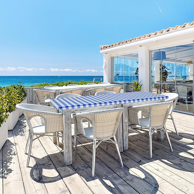 misaya Buffalo Rectangle Picnic Tablecloth, 8 Foot Elastic Fitted Vinyl Table Cloth with Flannel Backing, Waterproof Plaid Table Covers for Dining, Camping, Outdoor (Blue and White, 30" x 96")