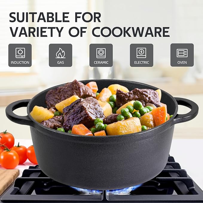 3 Quart Dutch Oven Enameled Cast Iron with Lid - Big Dual Handles - Oven Safe up to 500°F - Classic Round Pot for Versatile Cooking Matte Black(No Enameled)
