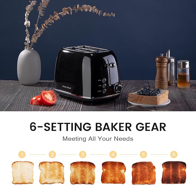 Roter Mond 2 Slice Toaster Retro Stainless Steel with Bagel, Cancel, and Defrost Functions, 6 Bread Shade Settings, Extra Wide Slots and Removable Crumb Tray, Black