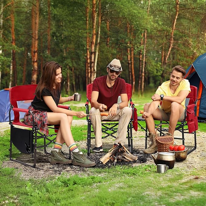 VINGLI Camping Chairs, Directors Chair, Camping Chair with Side Table & Carry Bag，Heavy Duty Camping Chairs for Adults, Portable Folding Camping Chair, Pocket for Beach, Fishing,Trip,Picnic,Lawn-Red