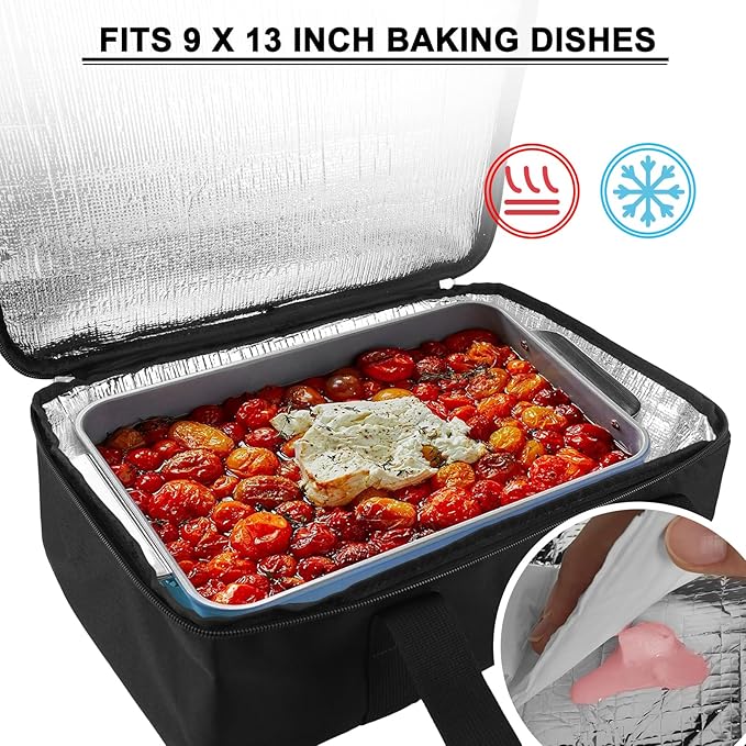 esouler Insulated Casserole Carrier Bag Hot & Cold Food Carrier Bag Lasagna Holder Lunch Bag for Picnics, Parties, Travel, Fits 9 x 13 Inches Casserole Dish-Black