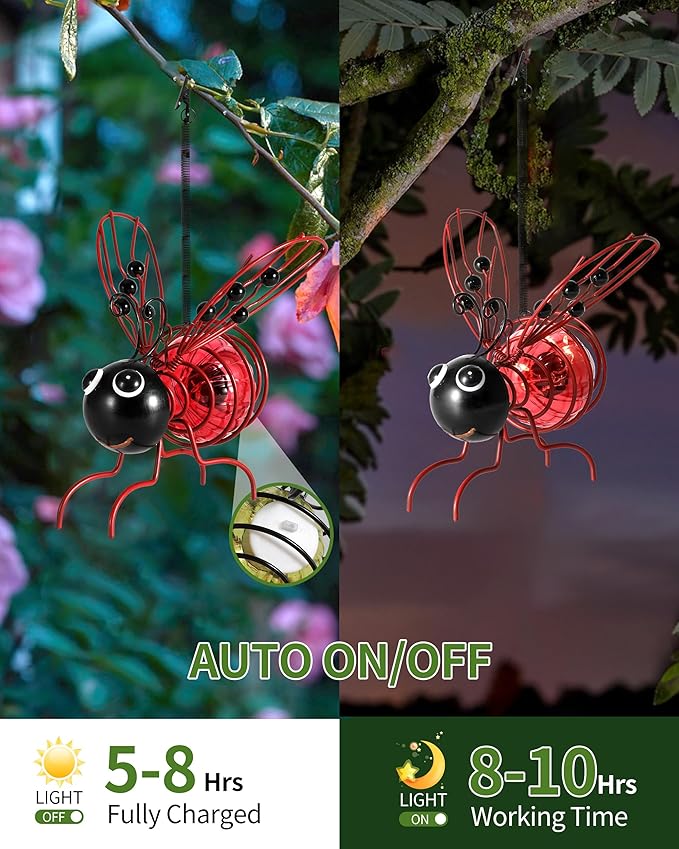 iStatue Solar-Powered Hanging Metal Ladybug Light Garden Decor | Lady Bug Sculpture with Bouncy Springs | Summer Outdoor Art Decorations (Red)