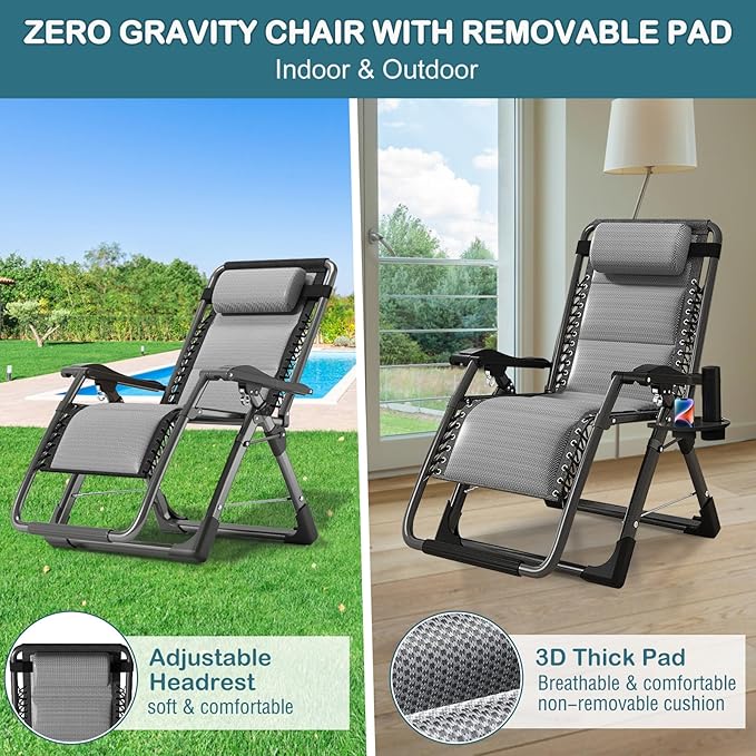 NAIZEA Padded Zero Gravity Chair, Cooling Fabric Folding Outdoor Lounge Chairs, Adjustable Reclining Camping Chairs with Cup Holder, Ergonomic Patio Lawn Chair for Balcony Beach Deck Yard