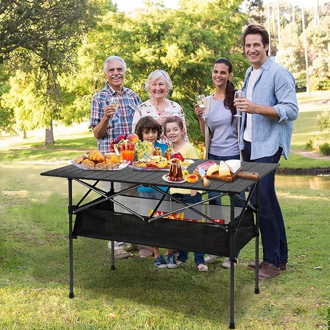 Dr.Quark Camping Table 41.4''x 28.4'' Ultra Compact Aluminum Folding Camping Table with Large Storage Roll Up Portable Camping 4-6 Person Foldable Camp Table with Carry Bag