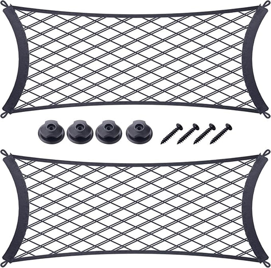JINGKE 2 Pcs Small Cargo Net Pocket Elastic Mesh Netting Car Mesh Pouch with Screws and Hooks for Trunk RV Boats Home Cargo Storage (21.7'' x 9.8'')