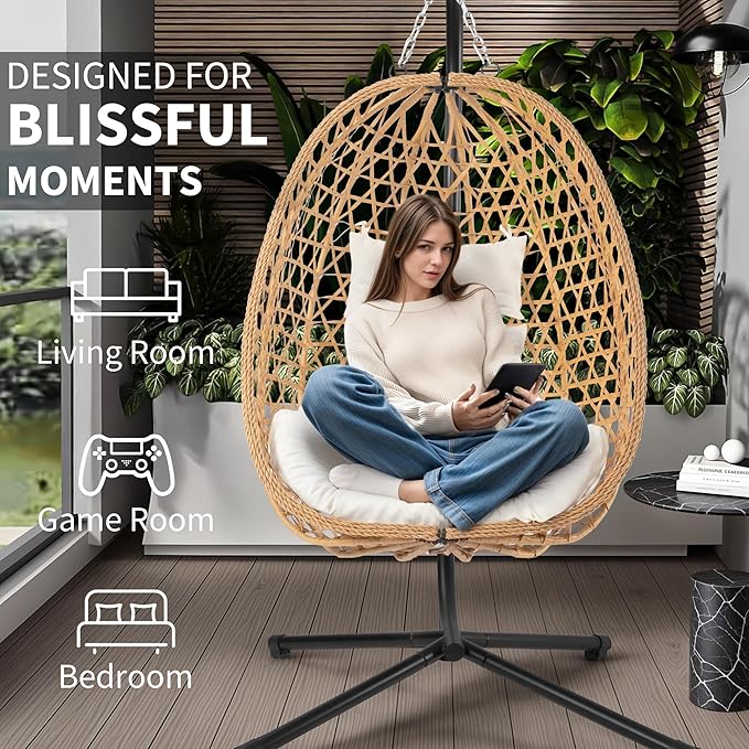 Egg Chair with Stand, Patio Wicker Hanging Chair, Hammock Swing Chair, 350LBS Capacity for Bedroom, Balcony, Garden (YE-BE)