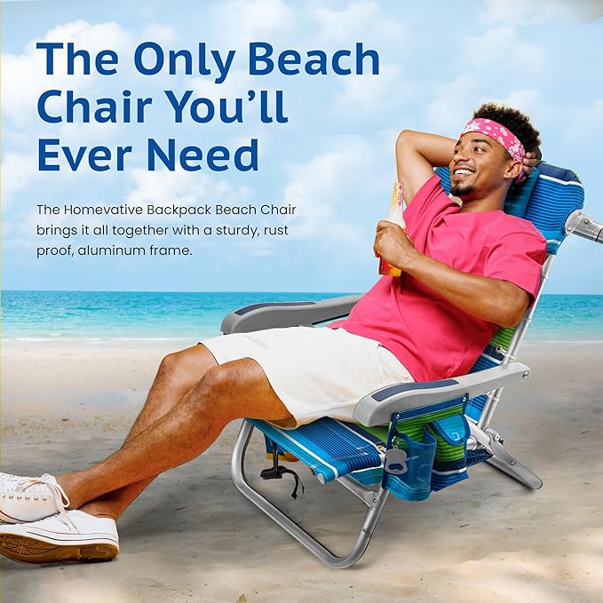 Homevative Backpack Fold-Up Beach Chair, 5 Positions, Towel bar, Cooler, Storage Pouch, Cup Holder and Phone Pocket