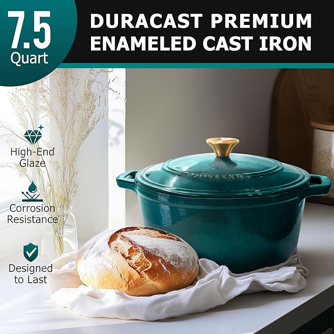 MÜELLERHOME 7.5 QT Enameled Cast Iron Dutch Oven, Heavy-Duty Casserole Dish and Braiser Pan with Lid and Stainless Knob, Oven-Safe up to 500° F & Across All Cooktops, Emerald