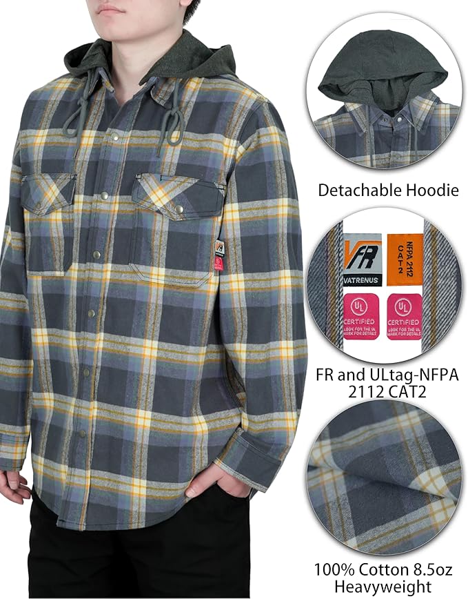 VATRENUS FR Shirts for Men Plaid Flannel Jacket 8.5oz Heavyweight Flame Resistant Welding Shirt