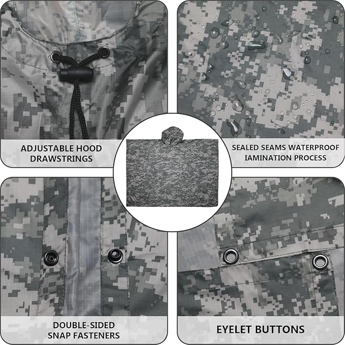 GRVCN Military Rain Poncho, Camouflage Raincoat Outdoor Waterproof Lightweight