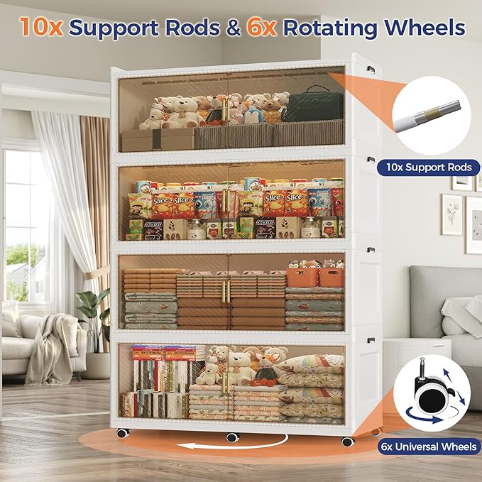 320GAL Extra Large Stackable Storage Bins with Lid, 1280QT Plastic Closet Organizer and Storage Cabinet with Wheels and Doors, Folding Storage Box Container for Home Organization, 4Pack White