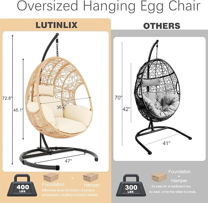 Oversized Hanging Egg Chair Outdoor Indoor, Wicker Swing Egg Chair with Stand 400lbs Capacity for Bedroom, Patio, Garden and Balcony (Beige-nest, Oversize)