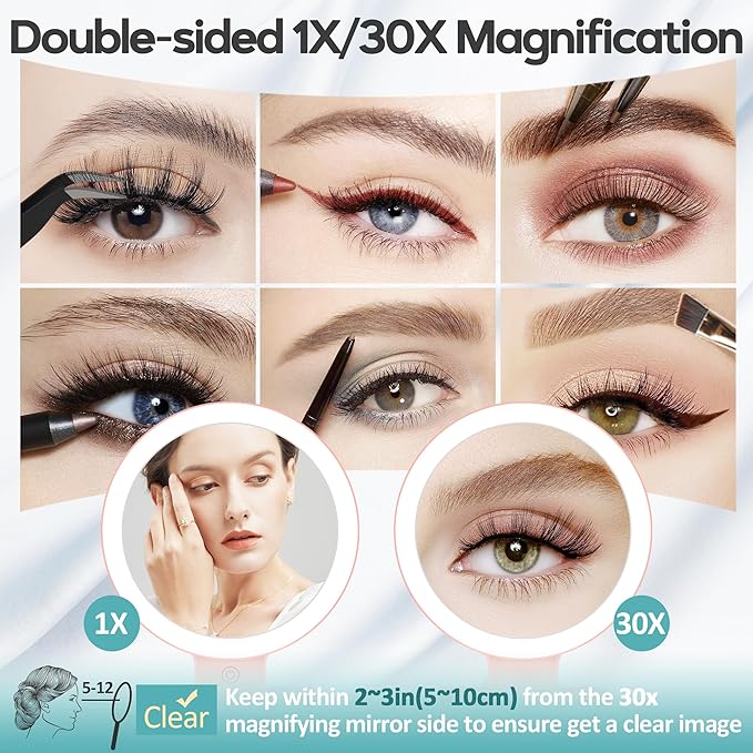 B Beauty Planet Magnifying Mirror with Light 30X, Double-Sided 1X/30X Magnifying Makeup Mirror with Tweezer, 2000mAh 3 Colour Modes with Adjustable Brightness,Foldable Compact Travel Mirror(Rose Gold)