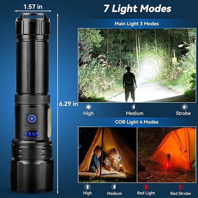 Rechargeable Flashlight, High Lumens Super Bright Flash Light, 7 Modes with COB Work Light, IPX6 Waterproof, Powerful Handheld LED Flashlights for Home Camping Hiking
