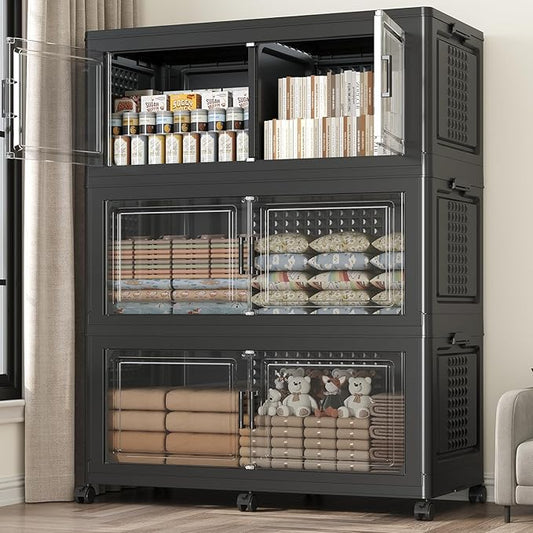 150GAL Extra Large Storage Bins with Lid, 600Qt Stackable Closet Organizers and Drawers, Collapsible Storage Bins with Wheels, Folding Storages Cabinet for Home Bedroom Office, 3Pack Black