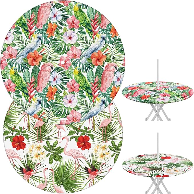 2 Pcs Round Outdoor Tablecloth with Umbrella Hole - Anti-Wrinkle Polyester Tablecloth with Elastic Zipper Table Cover for Summer Patio Camping Party(45''-53'',Hawaii Flamingos)