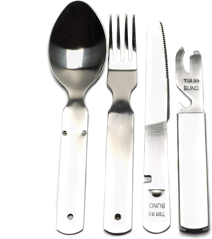 German cutlery set 4 pieces Eating utensils military style spoon fork knife kit flatware multi-tool Camping bottle can opener stainless steel NEW