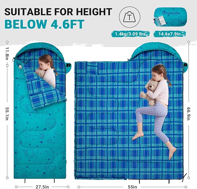KingCamp 45° F Kids Sleeping Bag, Lightweight Waterproof & Compact Flannel Sleeping Bags Cold Weather & Warm Youth Essentials Gear Accessories for Camping, Fits 10-12 Children up to 5'5" Tall