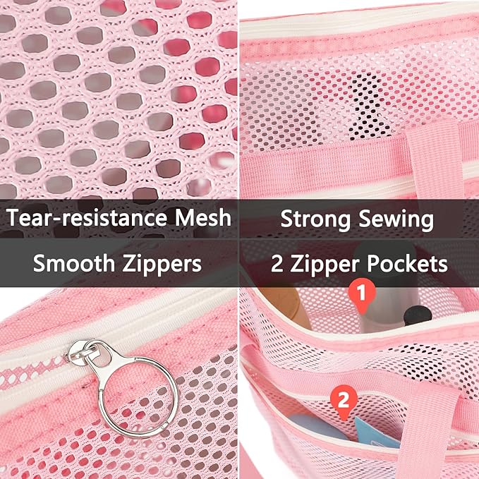 Mesh Shower Caddy Portable with Zipper & 2 Pockets - Quick Dry Shower Caddy Hanging for Travel Gym Camp Beach - Organizer Bag Bathroom Essentials for College Dorm