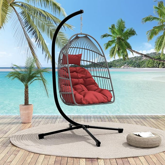 Foldable Hanging Egg Chair with Stand, HDPE Rattan and Heavy Duty Aluminum-Steel Frame, Outdoor Patio Wicker Swing Egg Chair with Headrest and Cushioned, 350 Lbs Capacity (Burgundy Red)