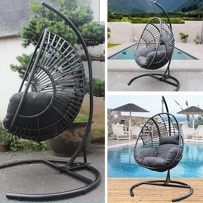JOYBASE Hanging Egg Chair with Stand, Outdoor Wicker Rattan Egg Swing Chair with Stand and Cushion for Indoor Outdoor Bedroom Patio Garden (Grey/Black)