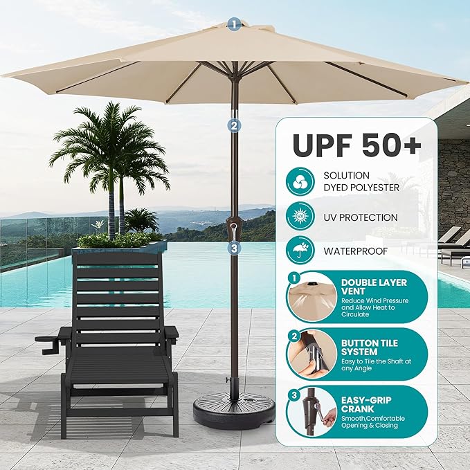 SERWALL Patio Chaise Lounge Chair Set of 2 with 9FT Patio Umbrella, 78'' HDPE Outdoor Lounger 5 Positions Adjustable, Poly Lounge Chair with Rolling Wheels & Cup Holder for Pool,Obsidian Black
