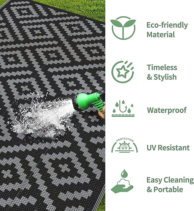GENIMO Outdoor Rugs 3x5 Waterproof, Reversible Mats, Outdoor Area Rug, Plastic Outside Carpet, Eeometric Rv Mat for Patio Camping Rv Picnic Backyard Deck Balcony Porch Beach Trailer (Black & Grey)
