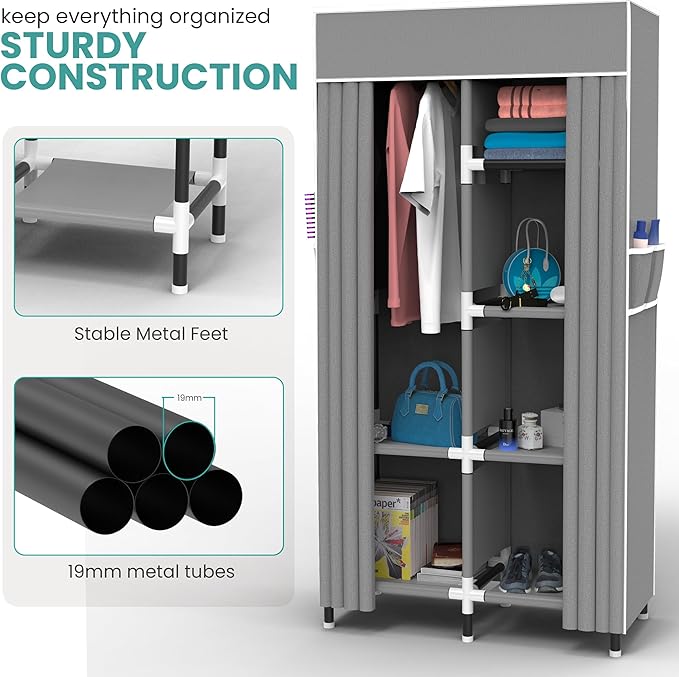 Portable Closet Wardrobe with 6 Storage Shelves and 1 Hanging Rack | Small Closet Clothes Organizer Portable Wardrobe Closet for Hanging Clothes (Grey, Small)