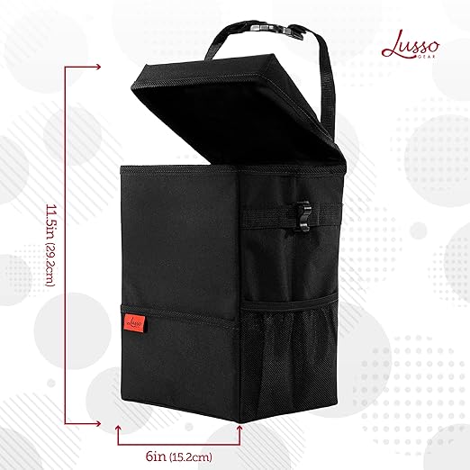 Lusso Gear Car Trash Can with Lid and Removeable Liner, Hanging Car Trash Bag with Hooks, Waterproof Fabric Car Garbage Bin, Automotive Travel, Trashcan car Accessories, for Truck Van and SUV (Red)