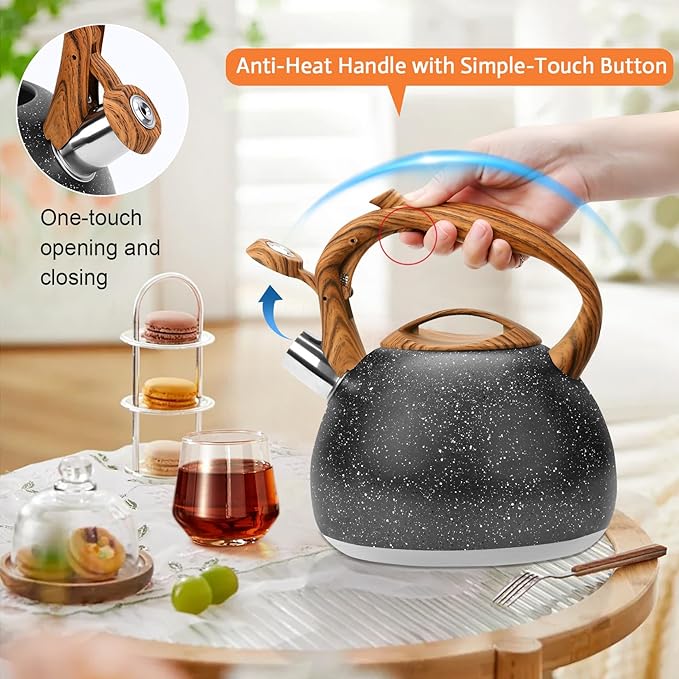 GGC Tea Kettle for Stove Top, Loud Whistling Kettle for Boiling Water Coffee or Milk, 3.1 Quart Heavy Stainless Steel Starry Black Kettle with Wood Pattern Handle, Unique Button Control Kettle Outlet