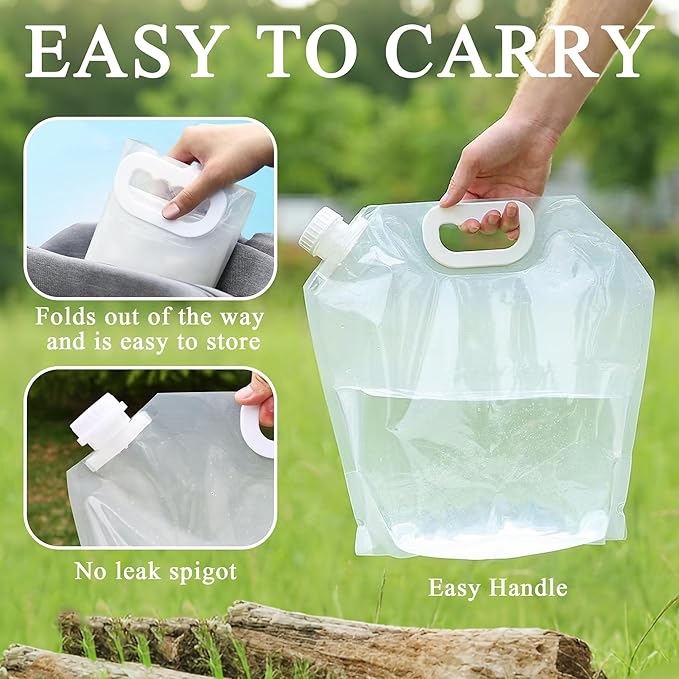 4 Pack Collapsible Water Jugs, 1.3/2.6 Gallon - Freezable, BPA Free Clear Plastic Water Bag with Handle for Outdoor, Camping, Emergency, Hiking - Leakproof Collapsible Water Container Bags(4 x 10L)
