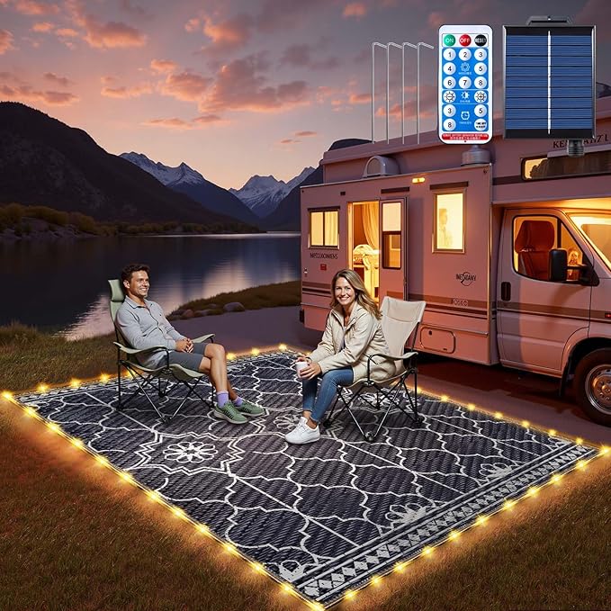 6x9Ft Outdoor Rug, Solar Powered Outdoor Rug with 94LEDs Strip Lights for House Deck, Waterproof Plastic Reversible Outdoor Straw Rugs, Rugs Mat RV Camping Patio Beach Balcony Picnic (Blue White)