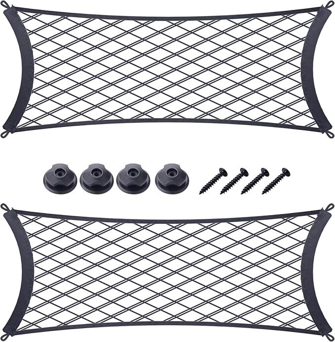 JINGKE 2 Pcs Small Cargo Net Pocket Elastic Mesh Netting Car Mesh Pouch with Screws and Hooks for Trunk RV Boats Home Cargo Storage (23.6'' x 9.8'')