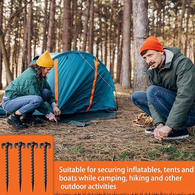 AUGSUN 8 Pack Plastic Tent Stakes Heavy Duty, Black Sand Stakes for Beach 7.5 Inch Screw in Tent Stakes Spiral Ground Anchors Tent Pegs Canopy Stakes for Inflatables Outdoor Camping Hiking Garden Lawn