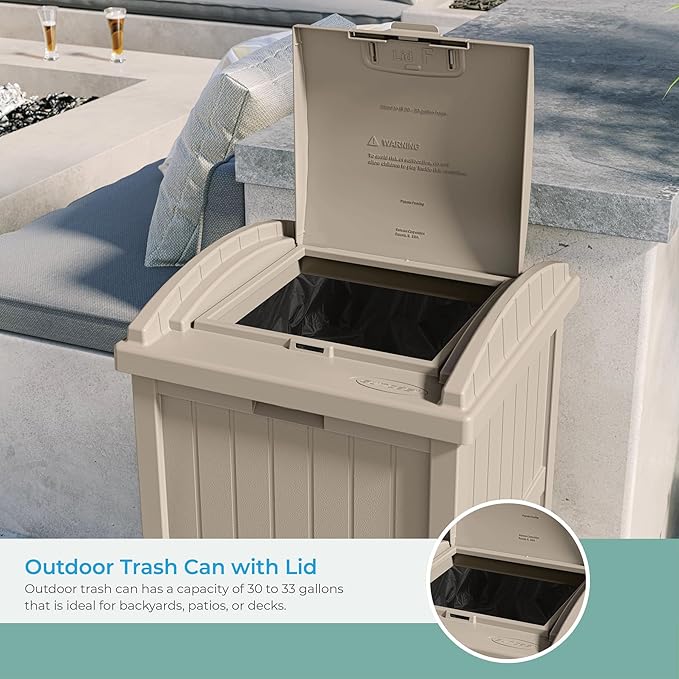 Suncast 33 Gallon Hideaway Trash Can for Patio - Resin Outdoor Trash with Lid - Use in Backyard, Deck, or Patio - Taupe